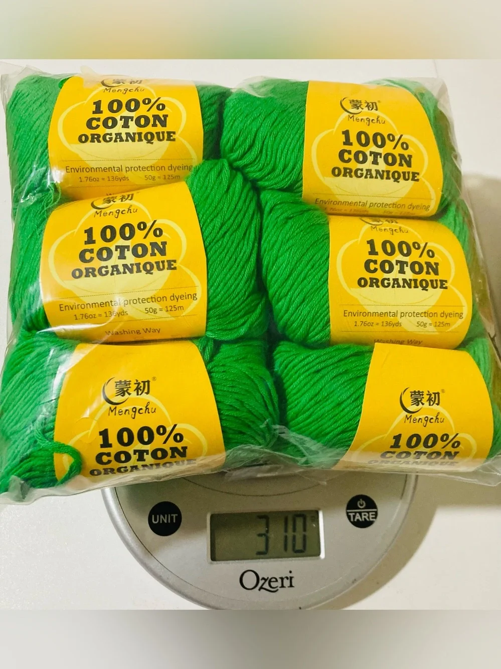 NWT 6 Mengchu 100% Organic Cotton‎ Yarn Color Primary Green ~48g ea 10oz total